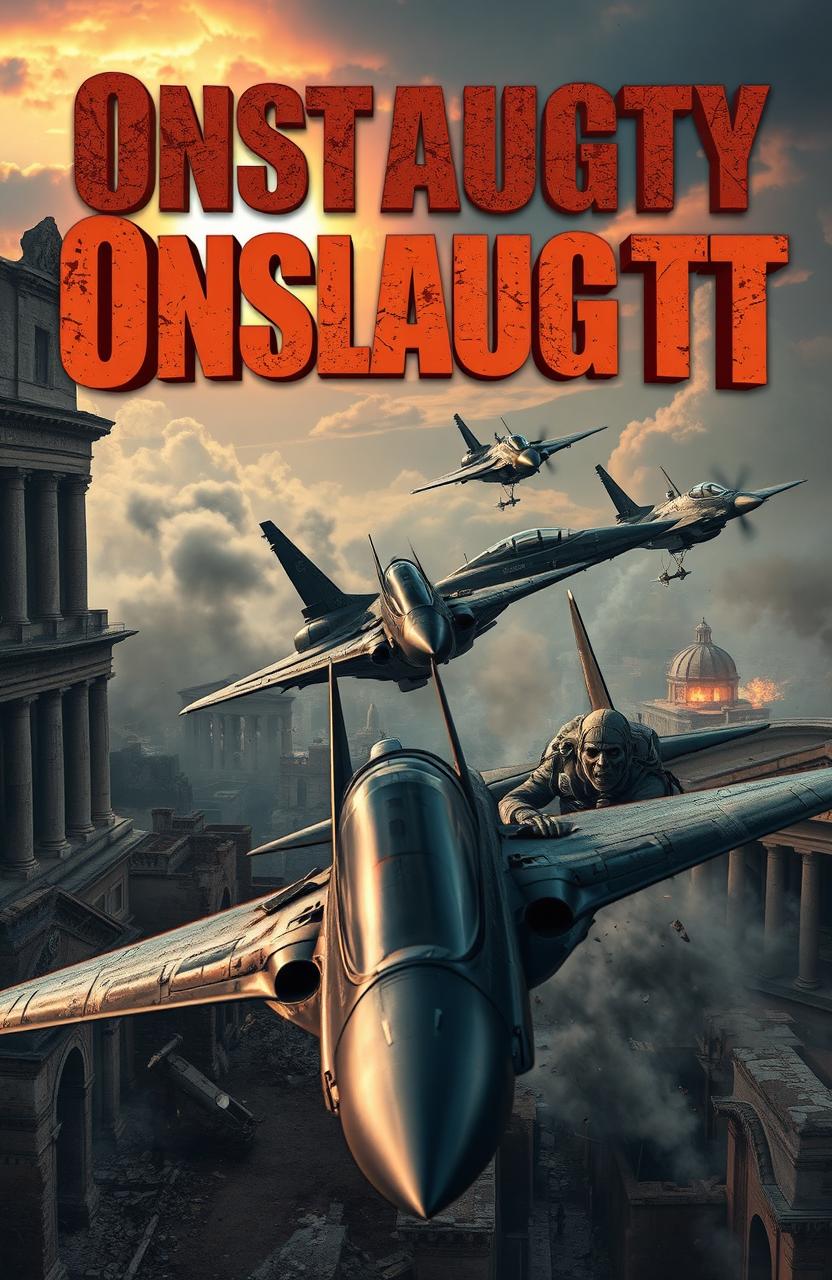 A dramatic scene depicting a war zone in a post-apocalyptic Rome where zombie pilots are flying advanced jets