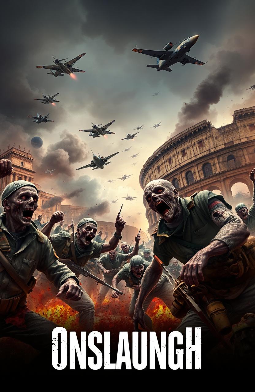 A dramatic scene of war in Rome featuring zombie soldiers in battle with fighter jets soaring overhead