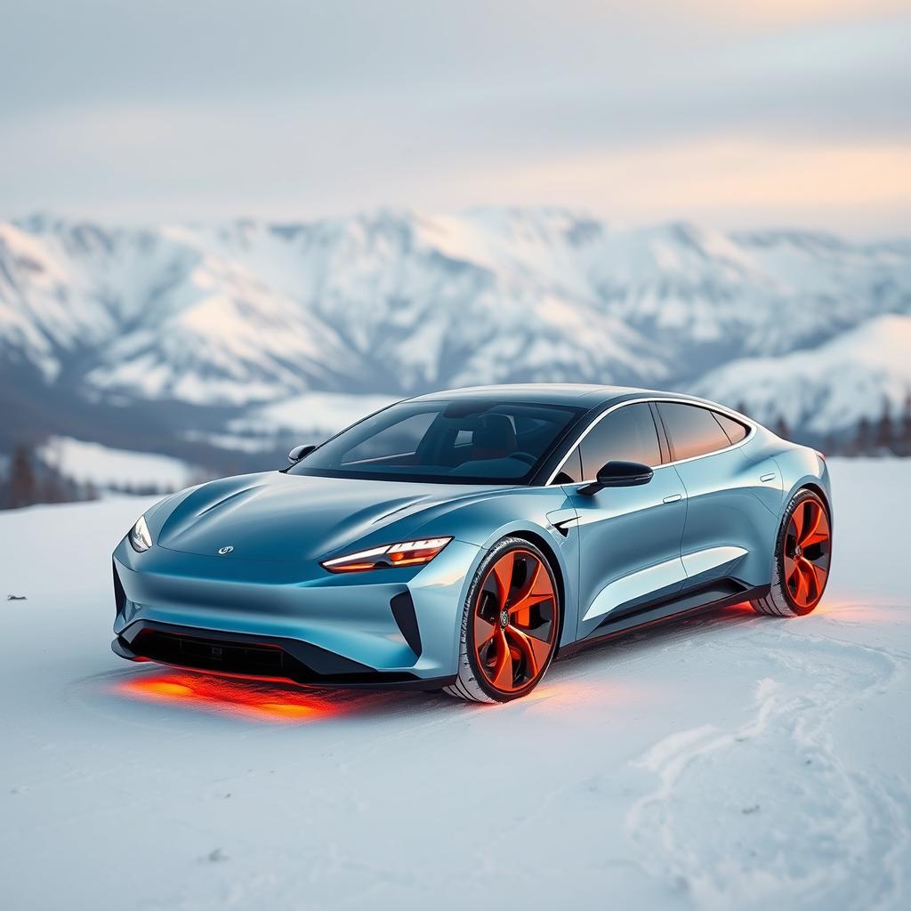A unique electric sedan with a hyper-realistic, editorial and fashionable design featuring a fiery aesthetic