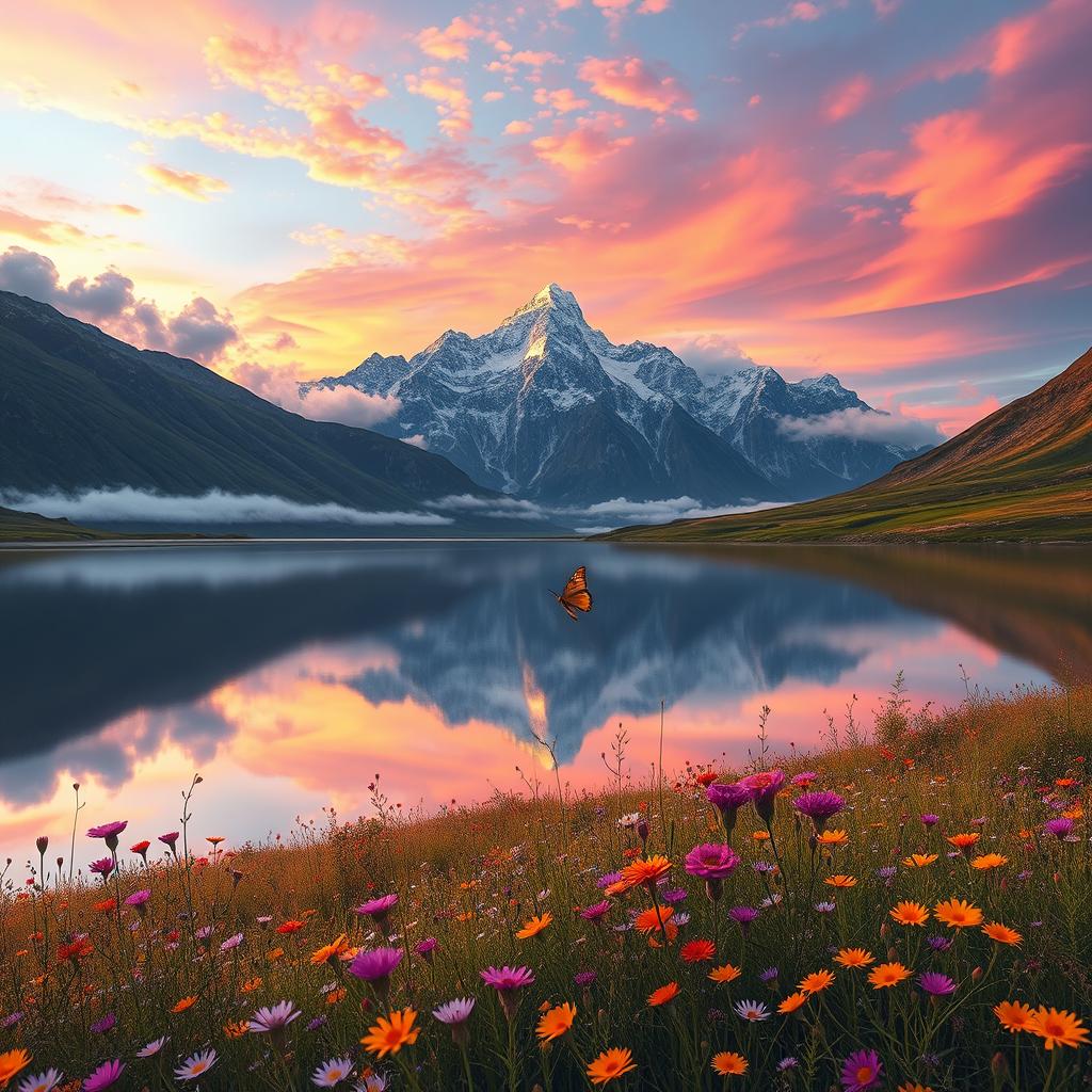 A stunning, divine landscape featuring an ethereal mountain range with soft pastel-colored peaks surrounded by fluffy clouds and a vibrant sunset sky filled with hues of orange, purple, and pink