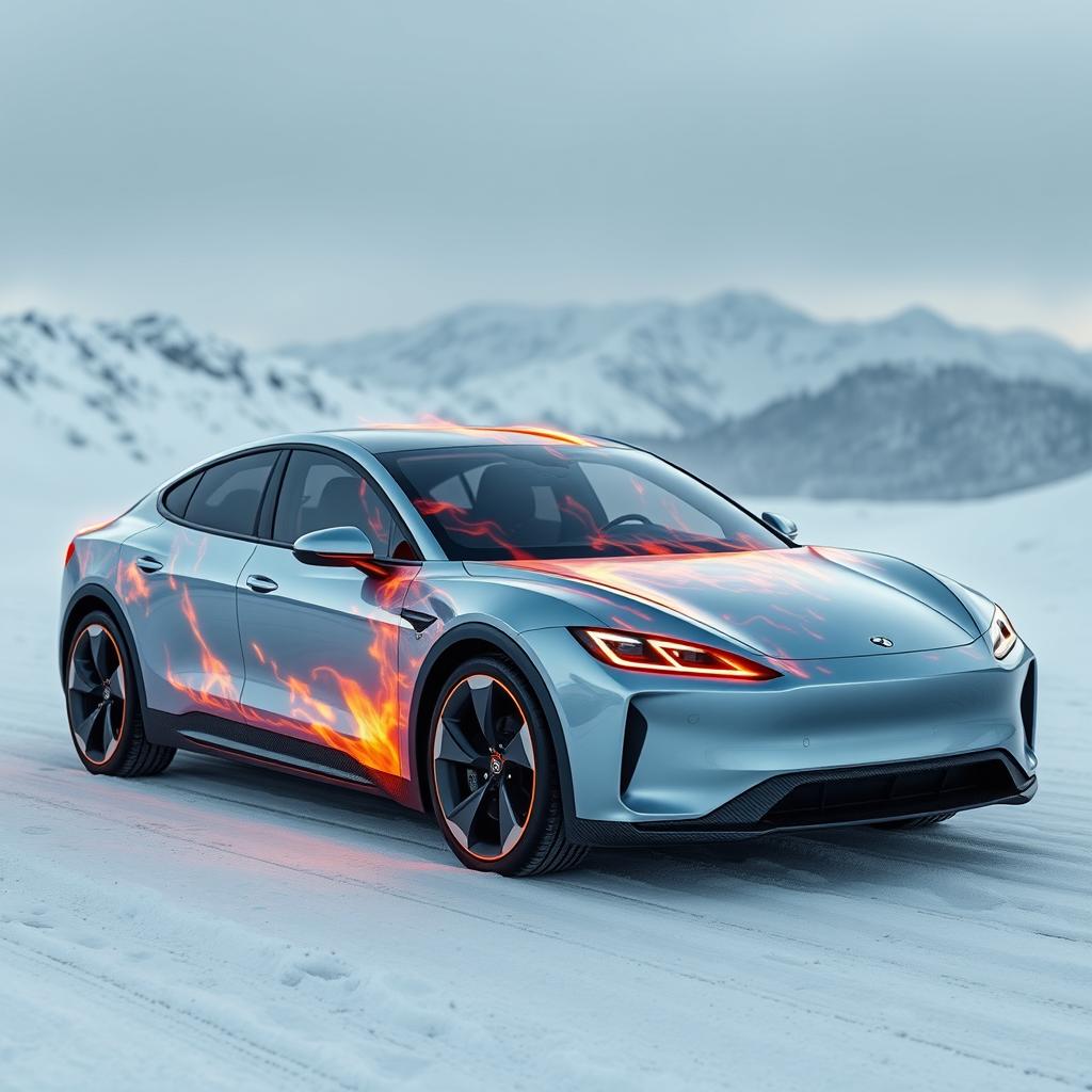 A unique electric sedan with a hyper-realistic, editorial fashion design featuring a fiery aesthetic