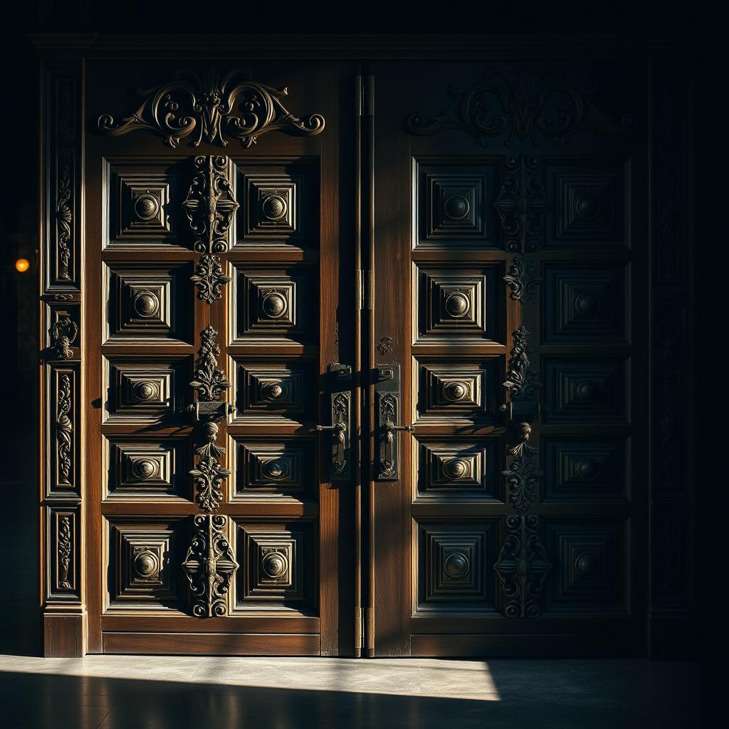 A grand, antique pair of massive closed doors, intricately carved with ornate designs and vintage hardware