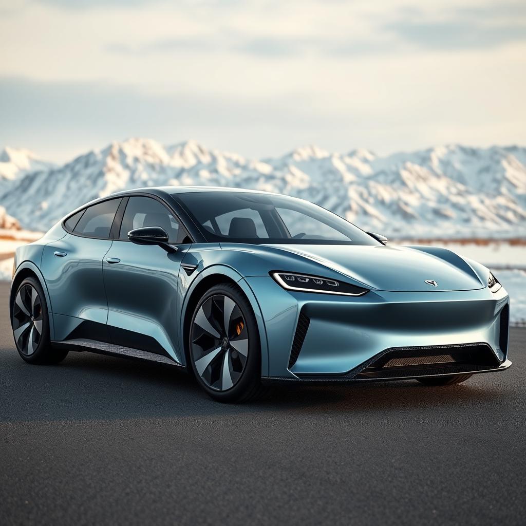 A unique electric sedan with a hyper-realistic, editorial, and fashionable design in a futuristic style