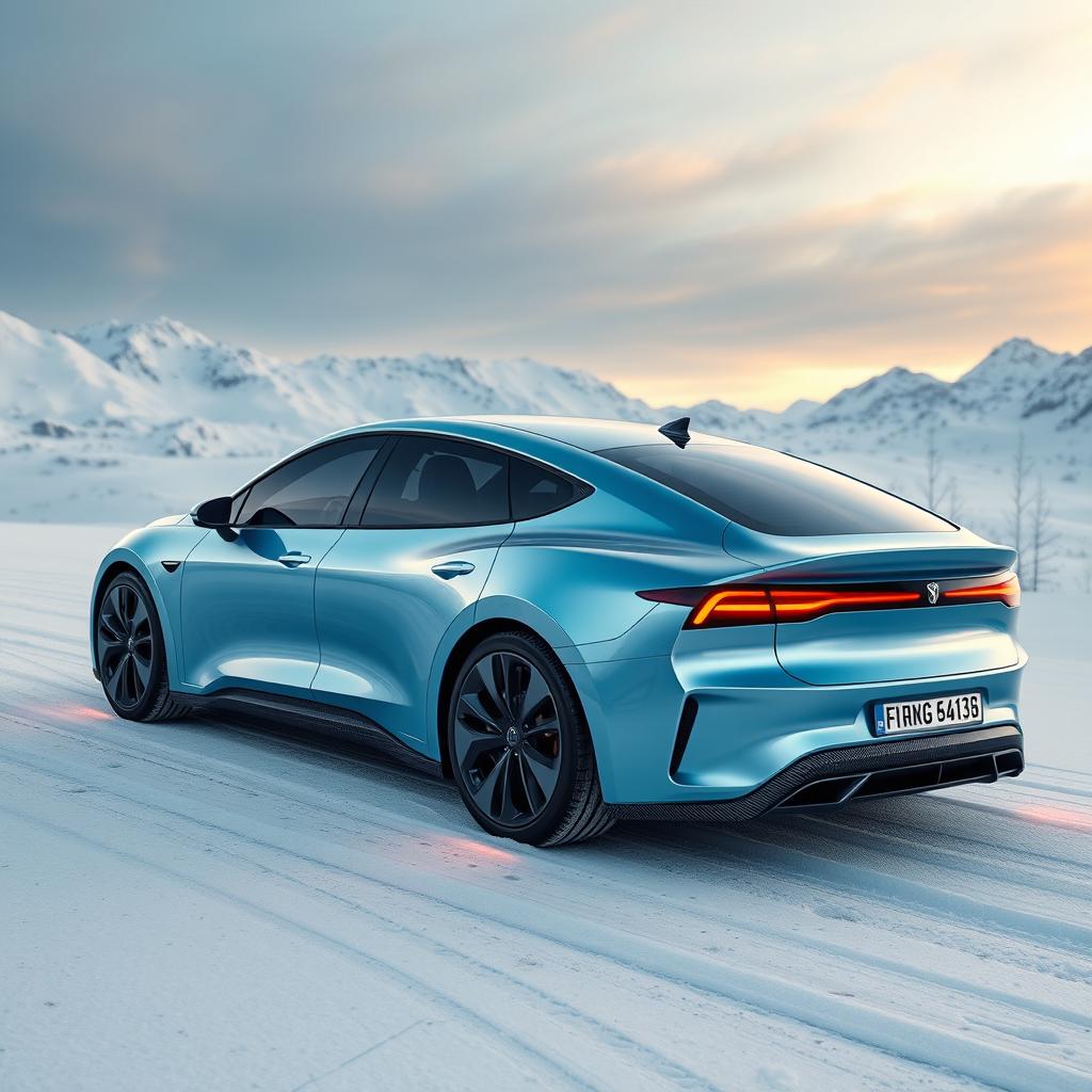 A unique electric sedan with a hyper-realistic and editorial fashion design featuring a fiery aesthetic