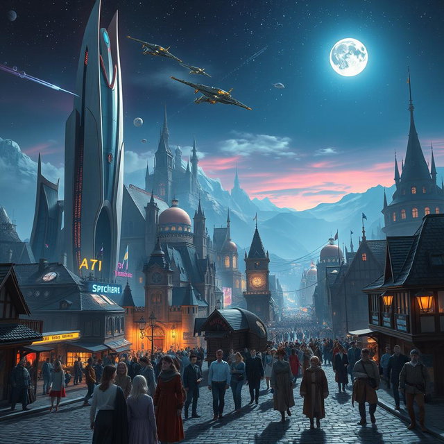 A captivating scene that blends futuristic and historical elements, showcasing a bustling cityscape with sleek, silver skyscrapers and flying cars juxtaposed against a backdrop of ancient architecture like grand castles and rustic villages