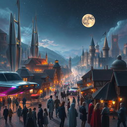 A captivating scene that blends futuristic and historical elements, showcasing a bustling cityscape with sleek, silver skyscrapers and flying cars juxtaposed against a backdrop of ancient architecture like grand castles and rustic villages