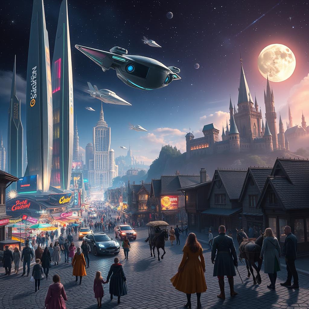 A captivating scene that blends futuristic and historical elements, showcasing a bustling cityscape with sleek, silver skyscrapers and flying cars juxtaposed against a backdrop of ancient architecture like grand castles and rustic villages
