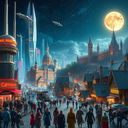 A captivating scene that blends futuristic and historical elements, showcasing a bustling cityscape with sleek, silver skyscrapers and flying cars juxtaposed against a backdrop of ancient architecture like grand castles and rustic villages