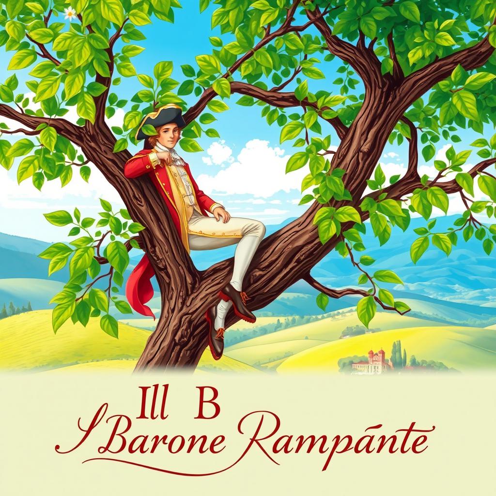 A beautifully illustrated cover of 'Il Barone Rampante', depicting the main character, Cosimo Piovasco di Rondò, elegantly perched high in a tree, surrounded by lush green leaves