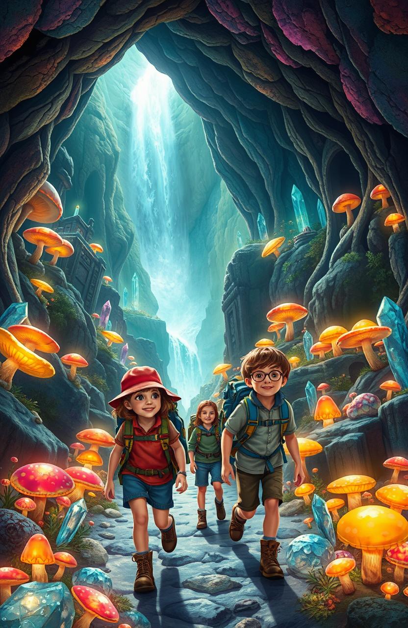 A breathtaking underworld scenery featuring a mystical landscape filled with glowing mushrooms, ancient ruins, and shimmering crystals