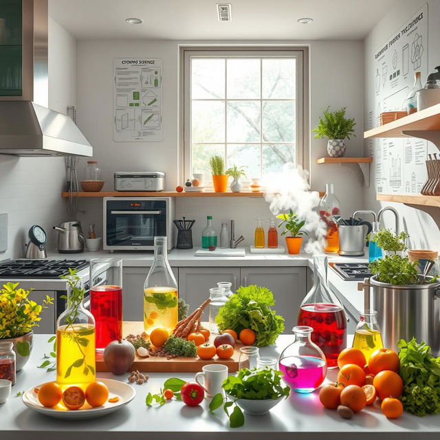 An artistic representation of a modern kitchen scene focused on various scientific experiments and innovative cooking techniques