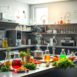 An artistic representation of a modern kitchen scene focused on various scientific experiments and innovative cooking techniques
