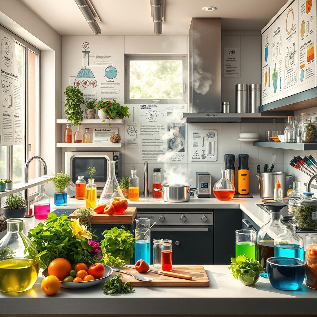 An artistic representation of a modern kitchen scene focused on various scientific experiments and innovative cooking techniques
