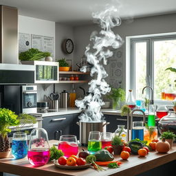An artistic representation of a modern kitchen scene focused on various scientific experiments and innovative cooking techniques