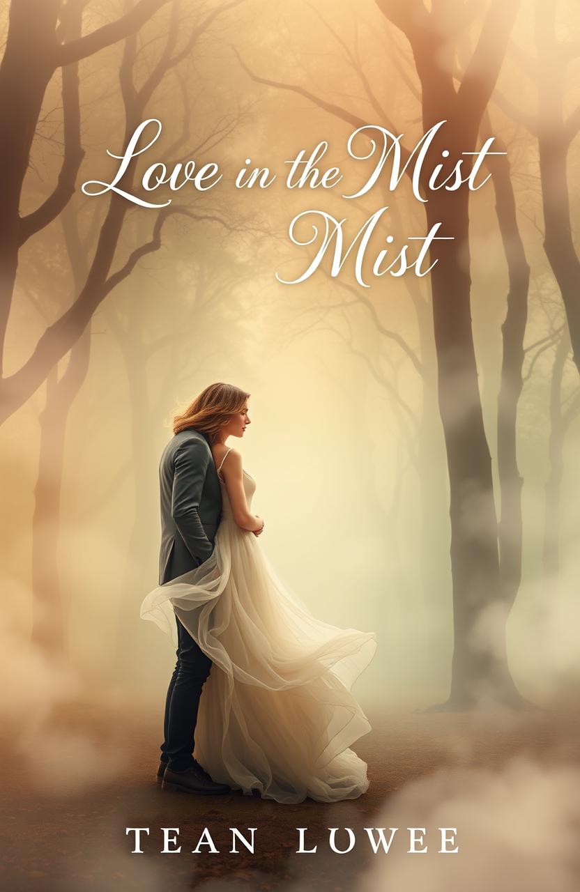 An enchanting and dreamy ebook cover featuring a romantic scene in a mystical misty forest