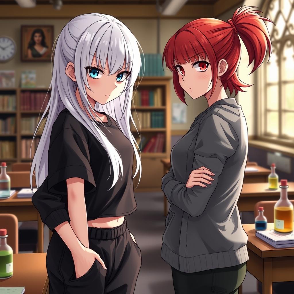 A tense moment captured between two girls in a magical college setting