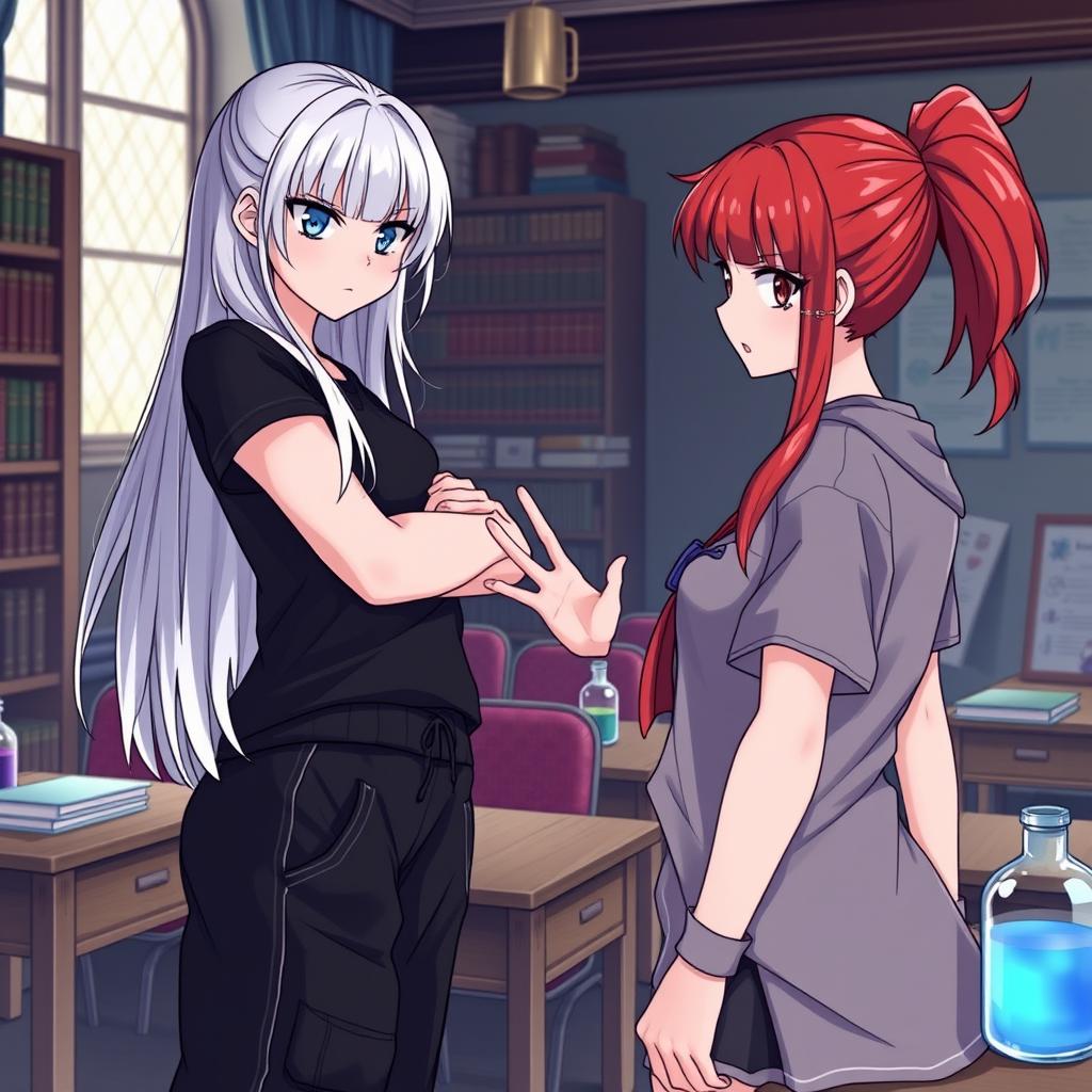 A tense moment captured between two girls in a magical college setting