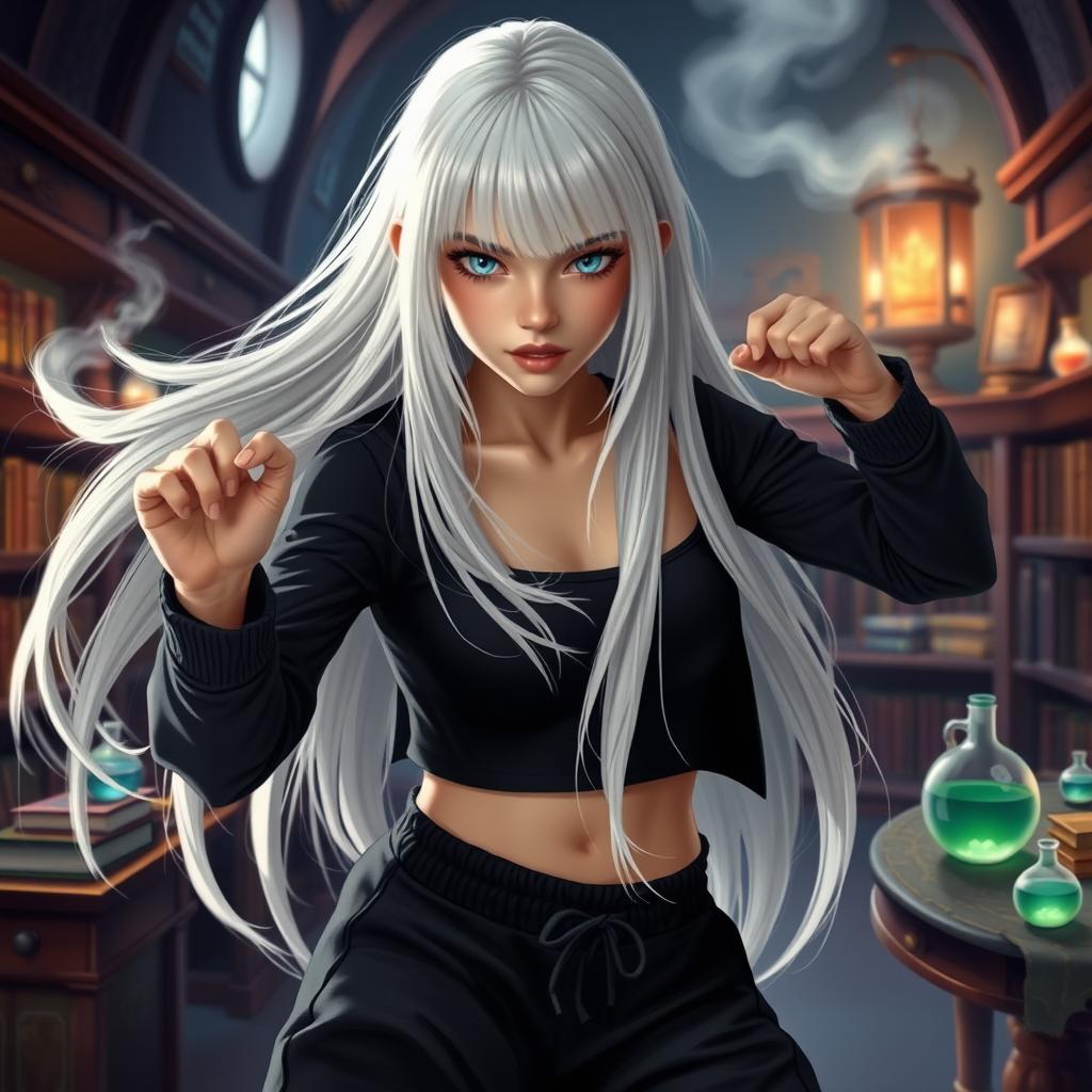 A captivating scene featuring a girl with long, flowing white hair that elegantly frames her face, without any fringe or bangs