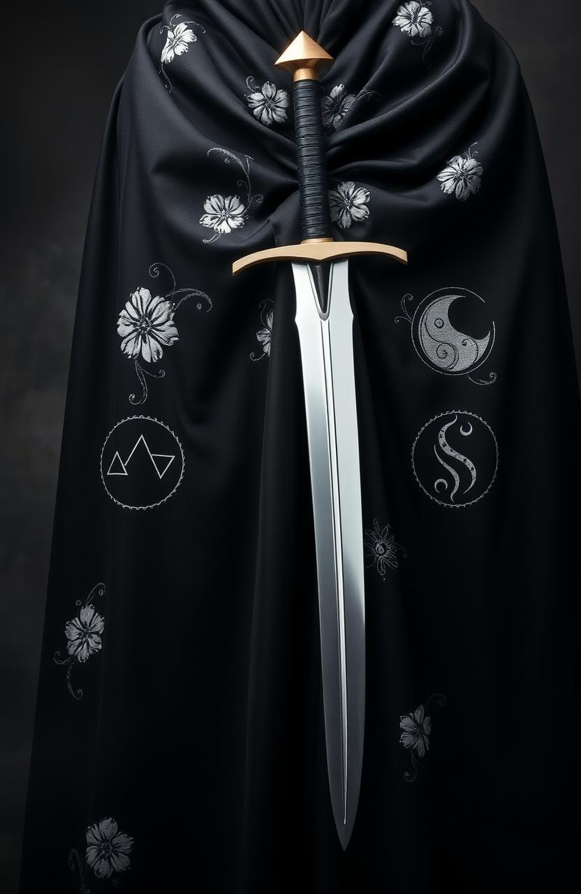 A beautifully draped black cloak displaying intricate folds, adorned with exquisite white flower embroidery throughout