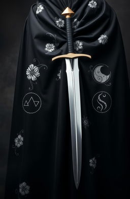 A beautifully draped black cloak displaying intricate folds, adorned with exquisite white flower embroidery throughout