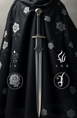 A beautifully draped black cloak displaying intricate folds, adorned with exquisite white flower embroidery throughout