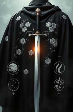 A beautifully draped black cloak displaying intricate folds, adorned with exquisite white flower embroidery throughout