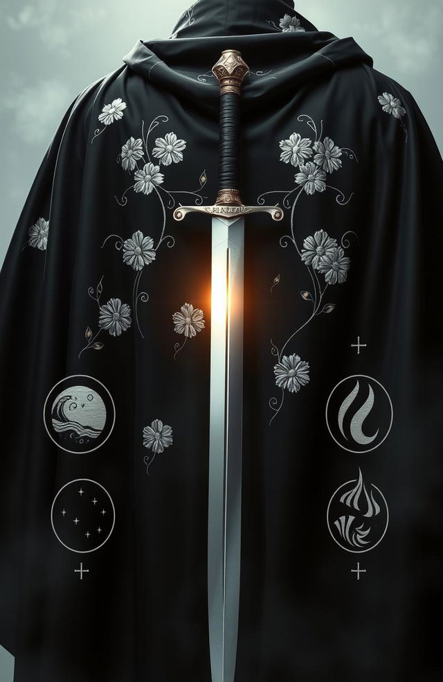 A beautifully draped black cloak displaying intricate folds, adorned with exquisite white flower embroidery throughout