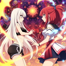 An intense scene depicting two girls in an anime magical battle
