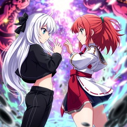 An intense scene depicting two girls in an anime magical battle
