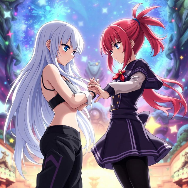 An intense scene depicting two girls in an anime magical battle