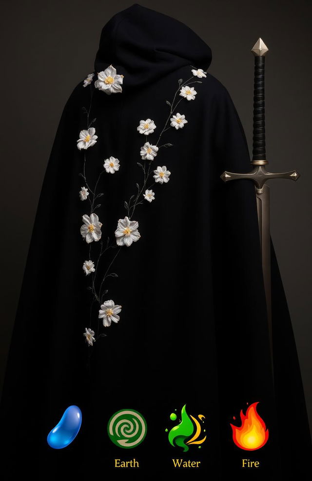 A black cloak with prominent folds, adorned with rough, white embroidered flowers
