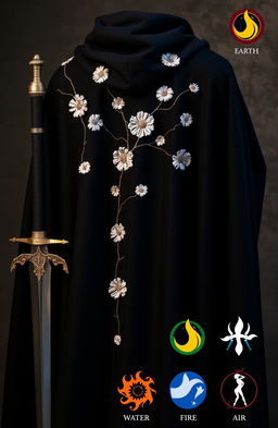 A black cloak with prominent folds, adorned with rough, white embroidered flowers