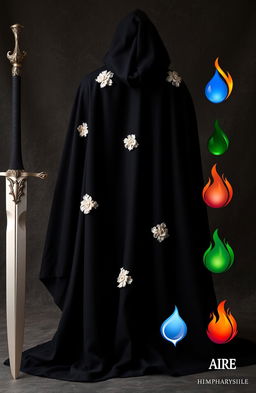 A black cloak with prominent folds, adorned with rough, white embroidered flowers