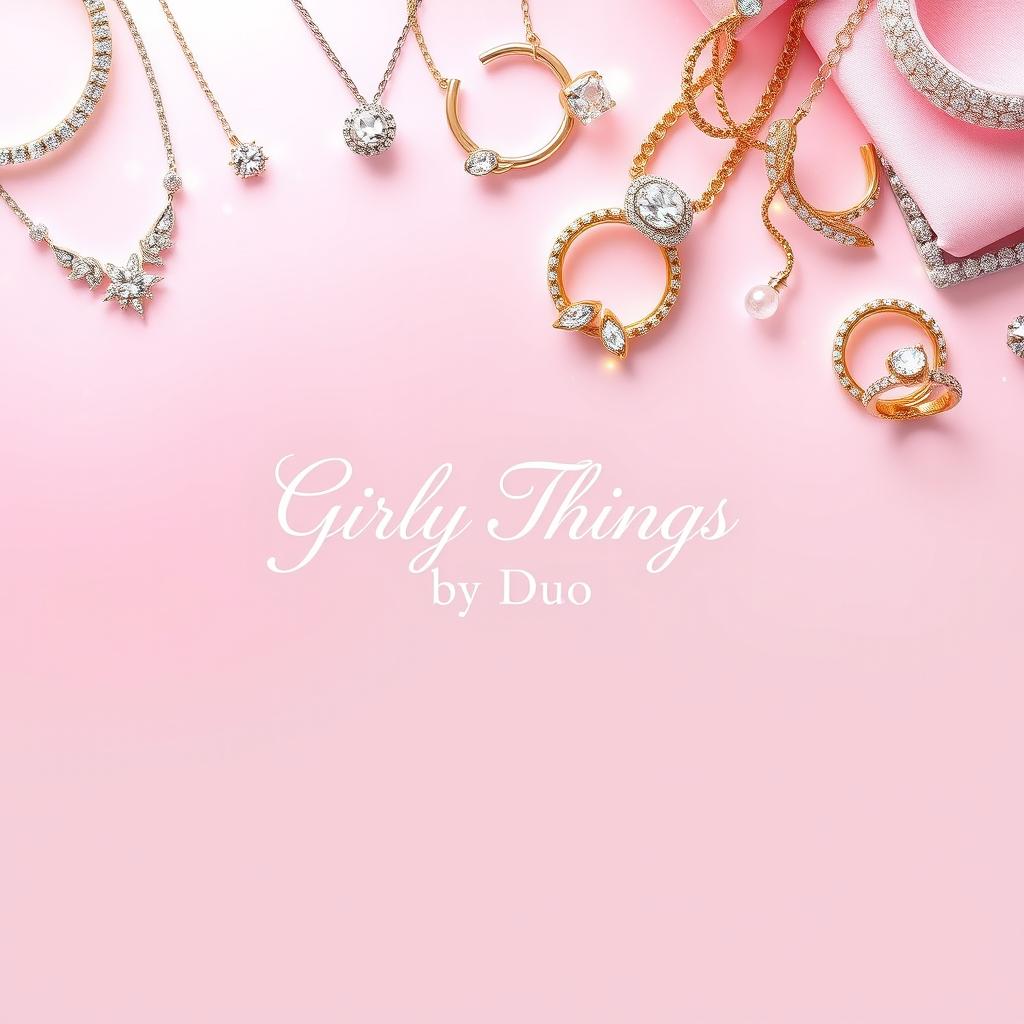 Create a stunning Facebook cover image for a jewelry page named 'Girly Things by Duo', featuring a collection of sparkling jewelry pieces such as necklaces, bracelets, earrings, and rings