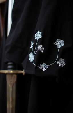 A detailed close-up of the folds of a small section of a black cloak, showcasing intricate white flower embroidery that is roughly done, featuring two or three prominent folds in the fabric