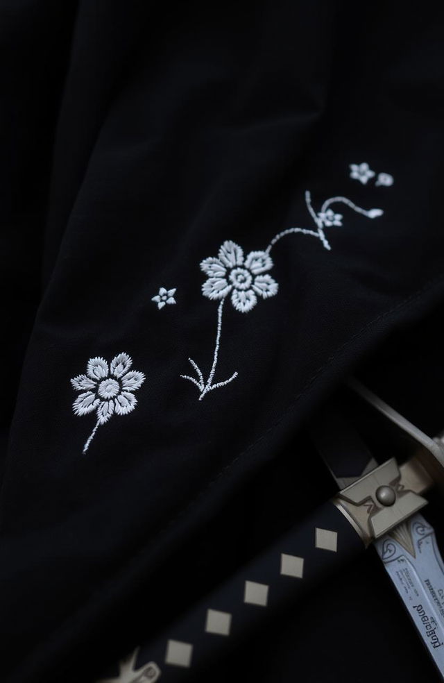 A detailed close-up of the folds of a small section of a black cloak, showcasing intricate white flower embroidery that is roughly done, featuring two or three prominent folds in the fabric