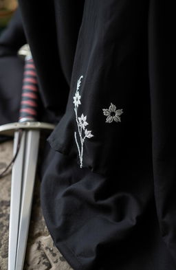 A detailed close-up of the folds of a small section of a black cloak, showcasing intricate white flower embroidery that is roughly done, featuring two or three prominent folds in the fabric