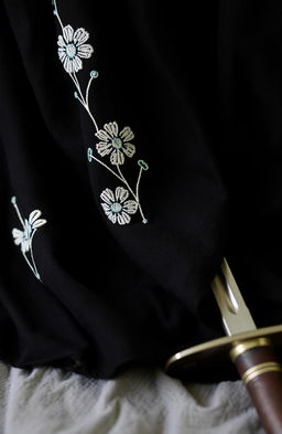 A detailed close-up of the folds of a small section of a black cloak, showcasing intricate white flower embroidery that is roughly done, featuring two or three prominent folds in the fabric