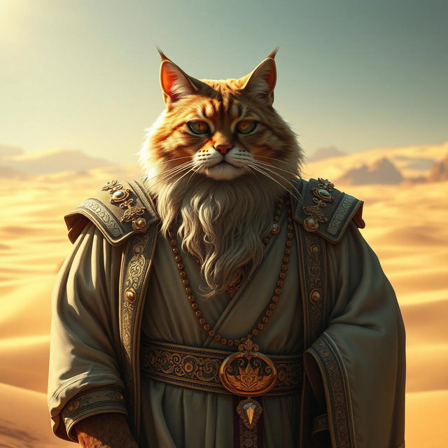 A humanoid feline man with a fat body and a stylish beard, featuring tabby fur with golden tones that glisten in the sunlight