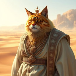 A humanoid feline man with a fat body and a stylish beard, featuring tabby fur with golden tones that glisten in the sunlight