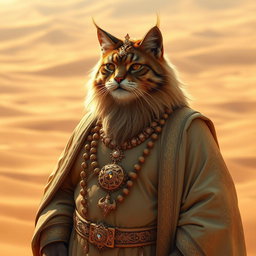 A humanoid feline man with a fat body and a stylish beard, featuring tabby fur with golden tones that glisten in the sunlight