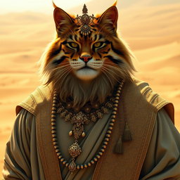 A humanoid feline man with a fat body and a stylish beard, featuring tabby fur with golden tones that glisten in the sunlight