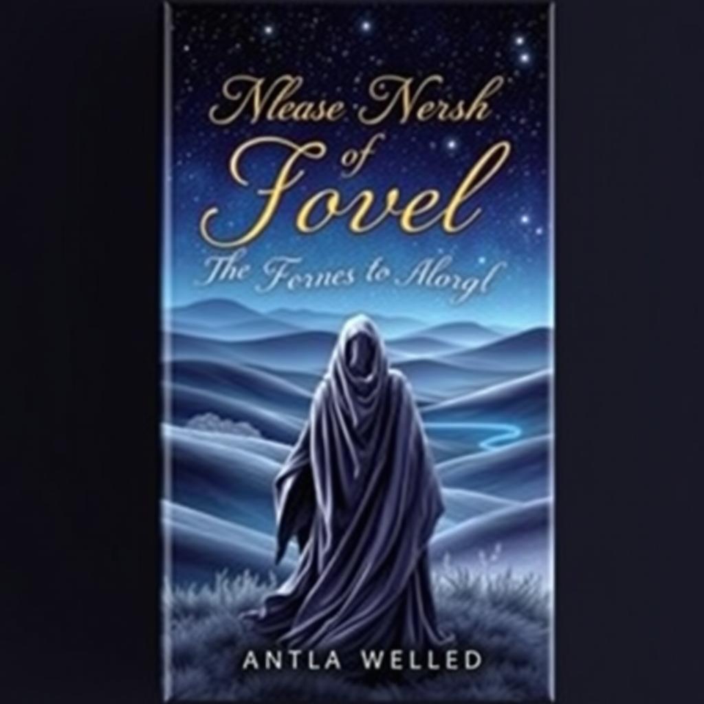 A captivating book cover design for a novel, featuring an ethereal landscape with rolling hills under a starry night sky