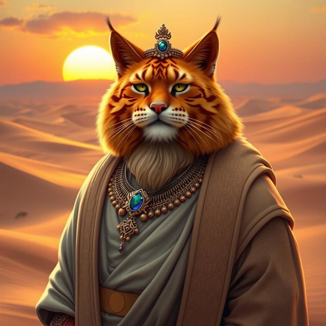 A tabaxi man with a round, fat body and a distinguished beard, showcasing beautiful tabby fur with striking golden tones