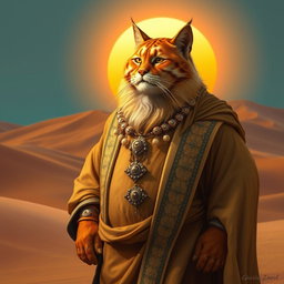 A tabaxi man with a round, fat body and a distinguished beard, showcasing beautiful tabby fur with striking golden tones