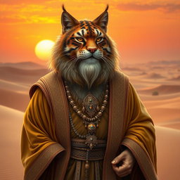 A tabaxi man with a round, fat body and a distinguished beard, showcasing beautiful tabby fur with striking golden tones
