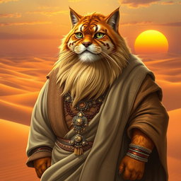 A tabaxi man with a round, fat body and a distinguished beard, showcasing beautiful tabby fur with striking golden tones