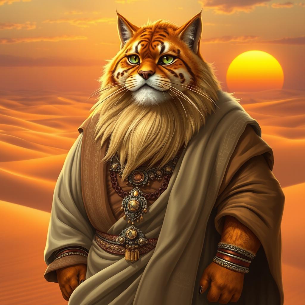A tabaxi man with a round, fat body and a distinguished beard, showcasing beautiful tabby fur with striking golden tones