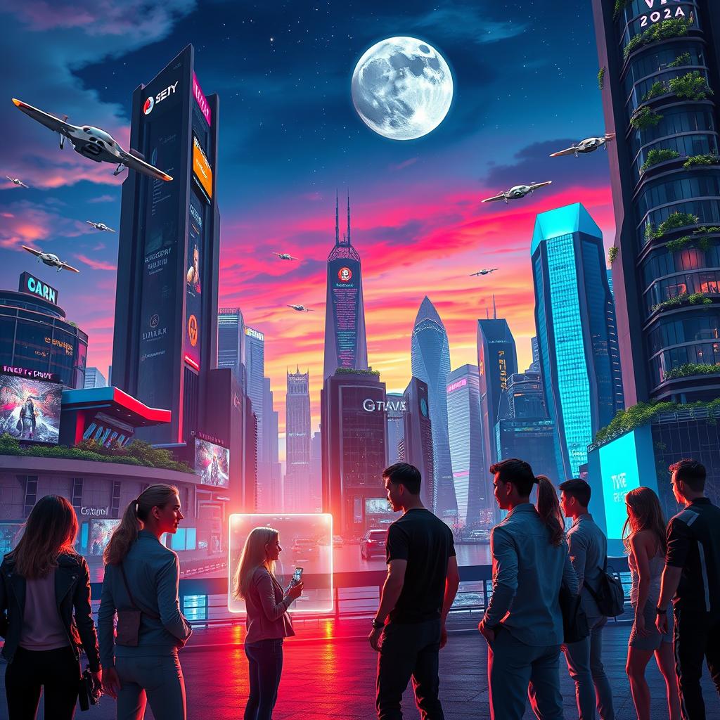 A futuristic cityscape featuring flying cars and neon lights set at night, with a vibrant sky displaying stars and a full moon
