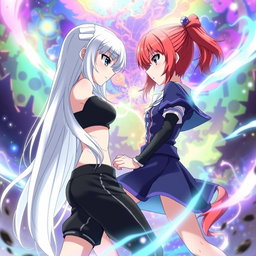 An intense scene depicting two girls in an anime magical battle